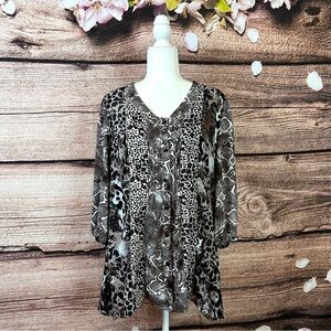 Notations Women’s Boho Beaded Leopard Snakeskin Yoke Button Down Blouse